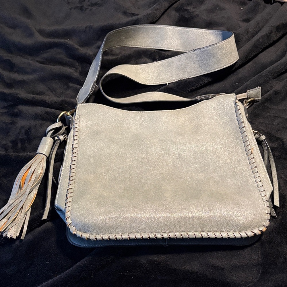 Gray Leather Conceled Carry Crossbody Bag with Tassel